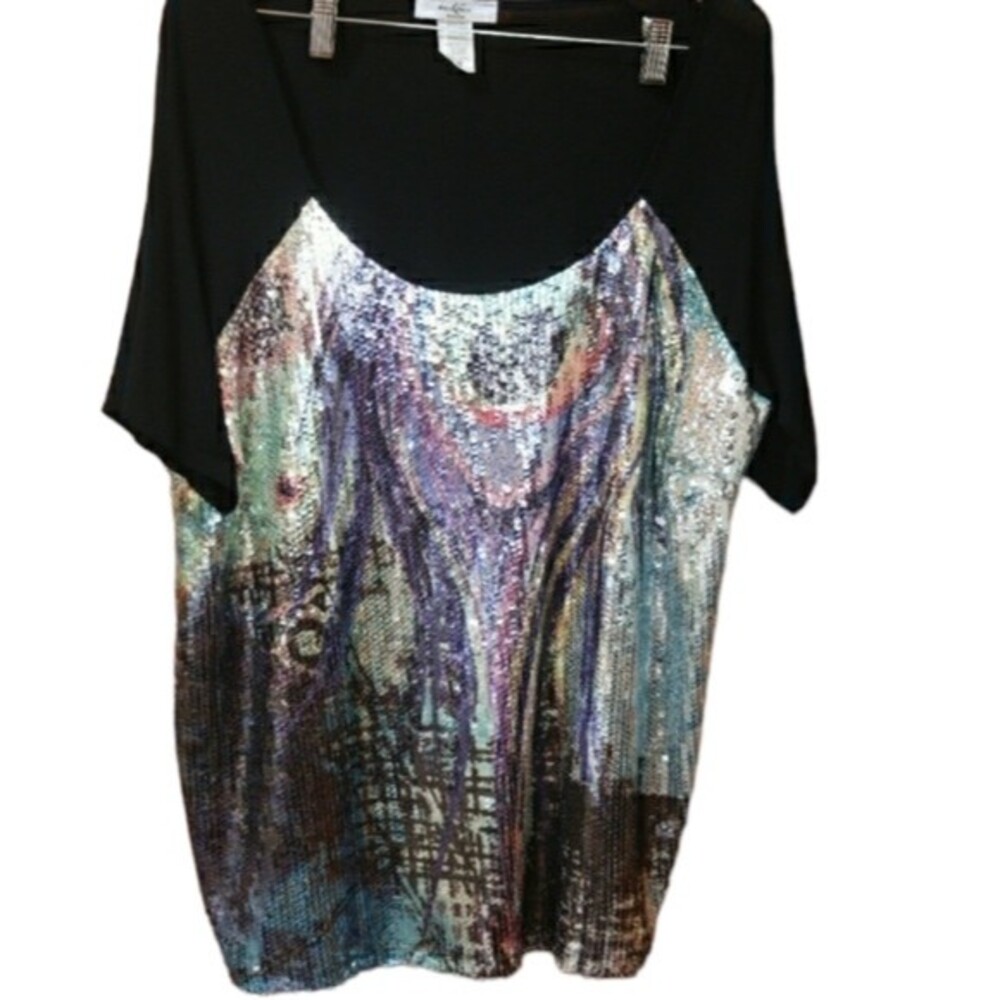 MoA MoA Peacock Sequin Plus Size Bohemian Top 1X Lined Front Panel Glam